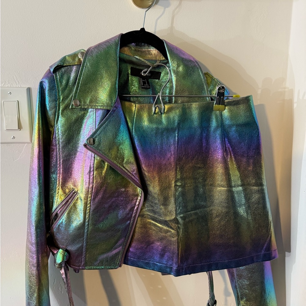 Dolls Kill Forever 21 Rainbow  Moto Jacket Mini Skirt Set pride edc festival S/M